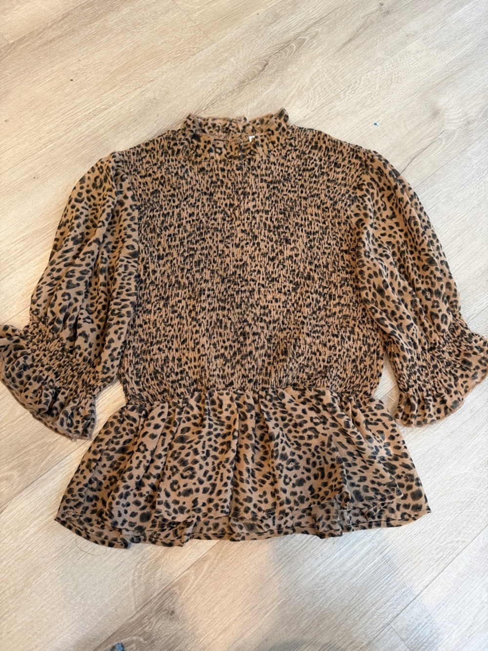 vestique Leopard Smocked Peplum Blouse - Tan & Black